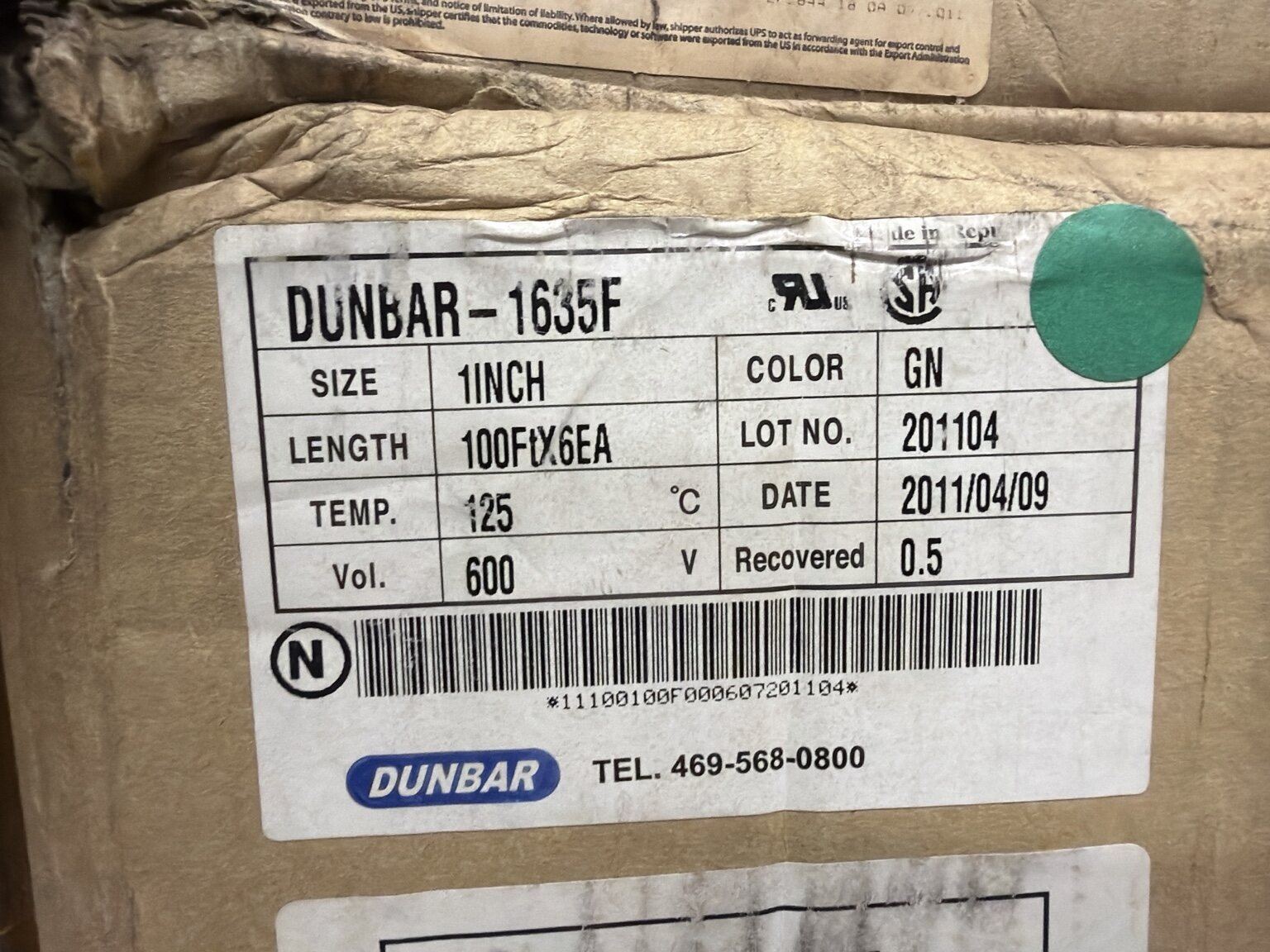 Dunbar Products, LLC 1 in green flexible heat-shrink tubing, six 100-ft spools per box