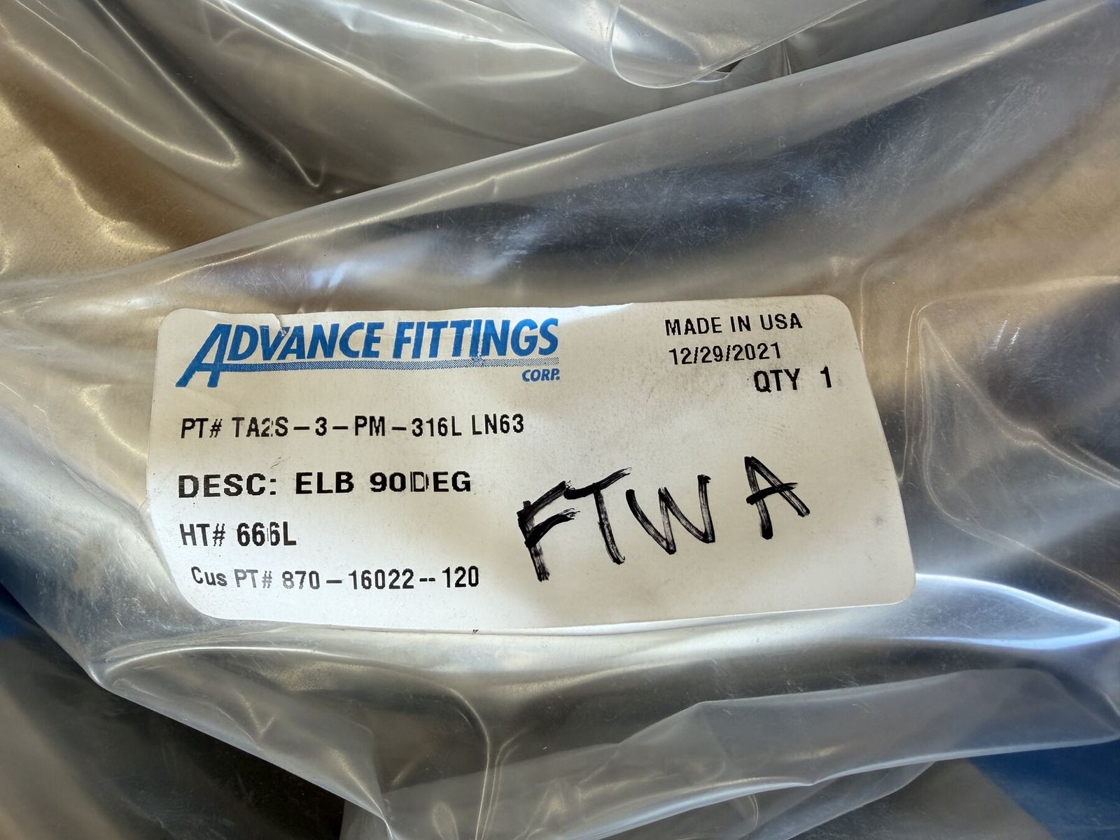 Advance Fittings Corp. 3 in 316L electropolished 90° sanitary weld elbows thumbnail 2