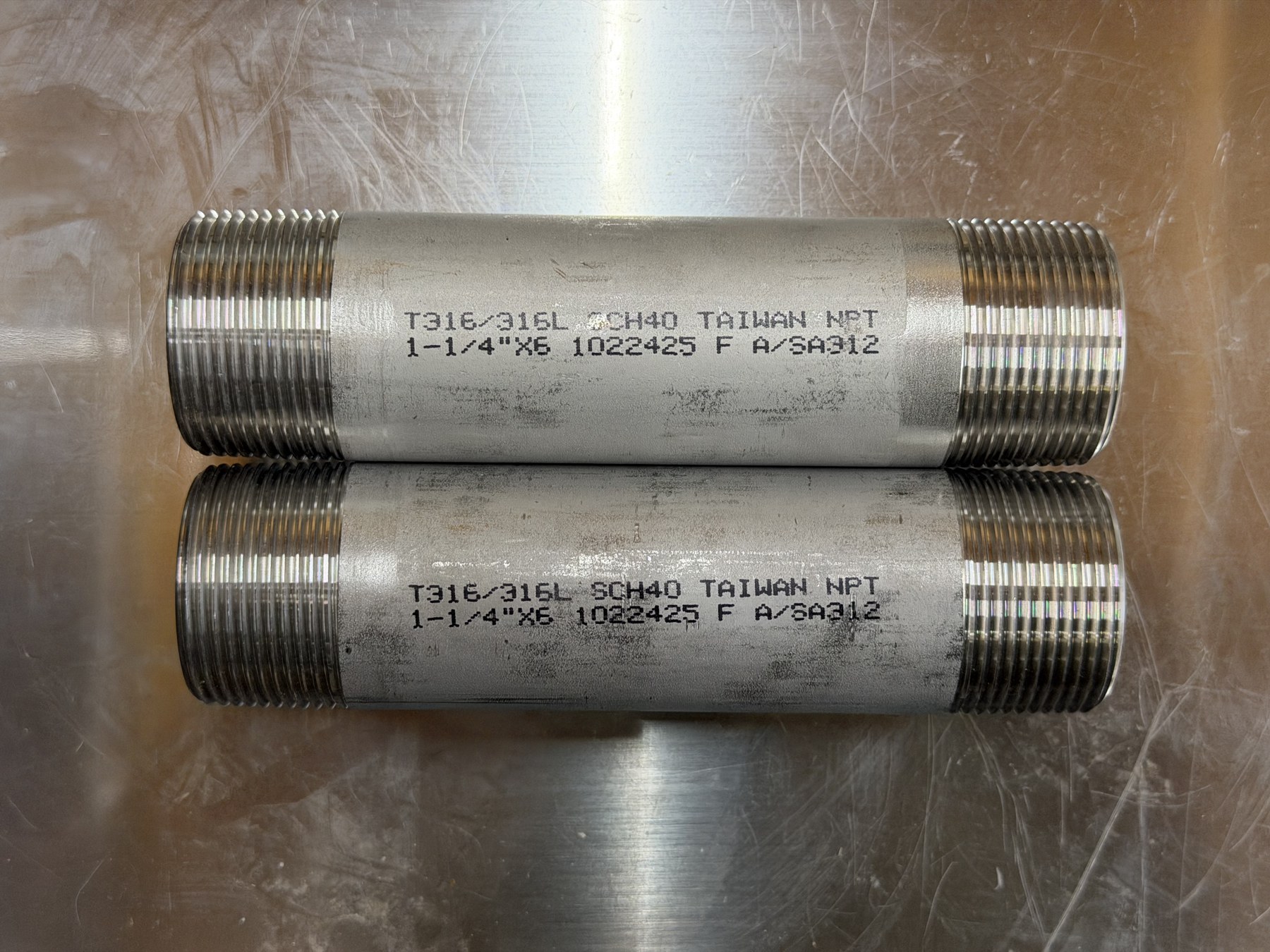 316 Stainless Sch 40 Pipe Nipple Lot: 2x 1-1/4” x 6" + 2x 1-1/2" x 5" NPT A312 NEW